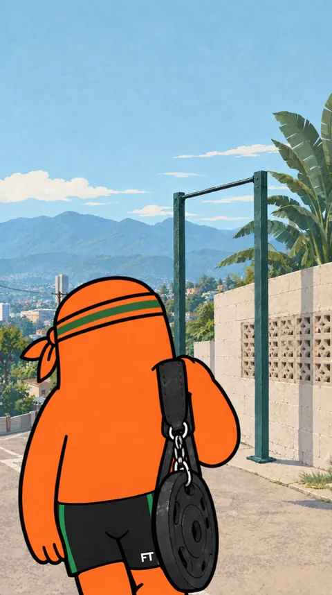 The mascot walking up a hillside street toward the bars, a plate on a dip belt over his shoulder