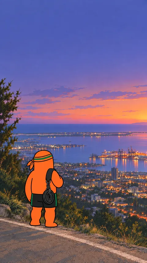 The mascot at dusk looking out over the harbour and the lights of the city