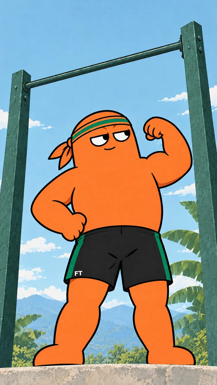 The Fully Tuff mascot, in a green-striped headband and black FT shorts, flexing under an outdoor pull-up bar against a blue sky