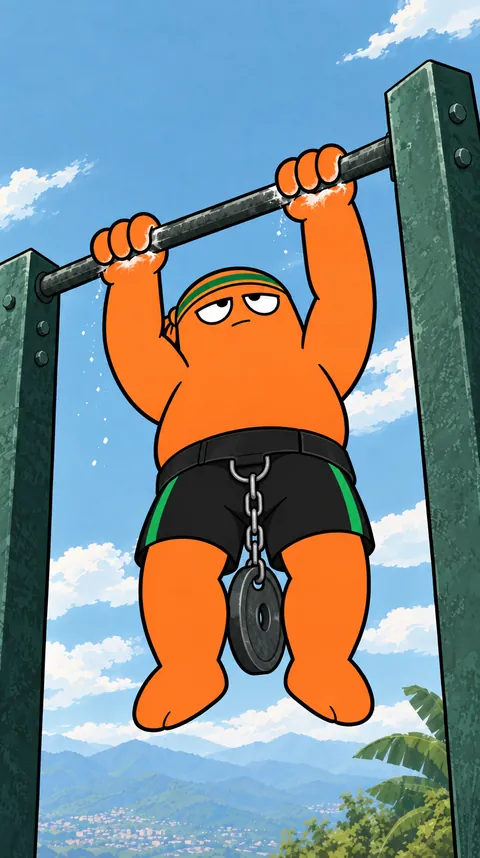The mascot hanging from the bar with a plate on his belt, blue sky and hills behind