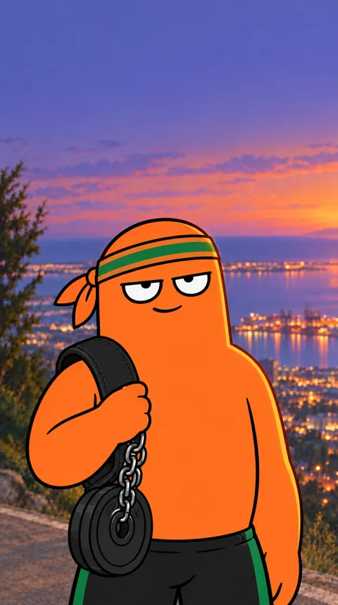 The mascot at dusk above the harbour, dip belt and plate over his shoulder, giving a nod