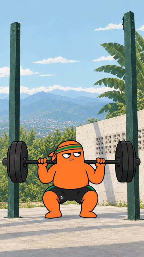 The mascot squatting a loaded barbell on a terrace above the city